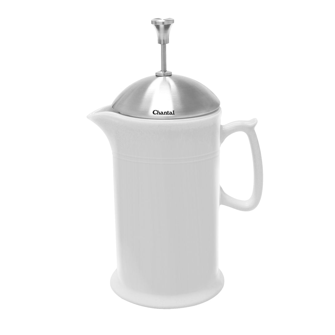 glossy white ceramic french press with stainless steel plunger