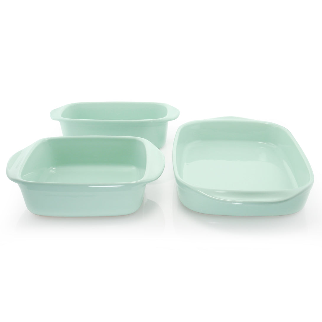 3 piece ceramic bakeware set square rectangular and loaf pan in sage green