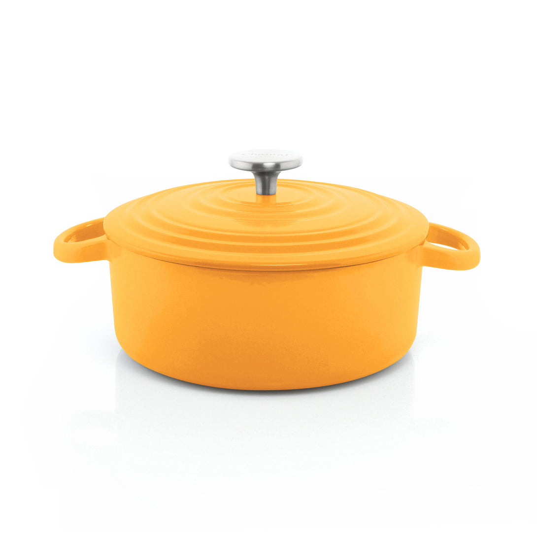 7 quart cast iron dutch oven in marigold color