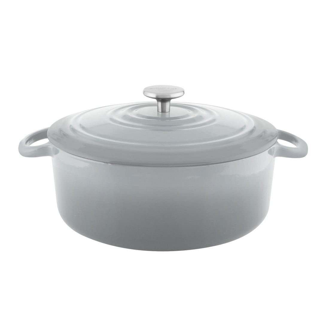 Gray cast-iron round dutch oven with premium enamel interior and exterior 7 quart stainless knob